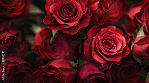 A stunning close up showcasing a gorgeous arrangement of vibrant red roses