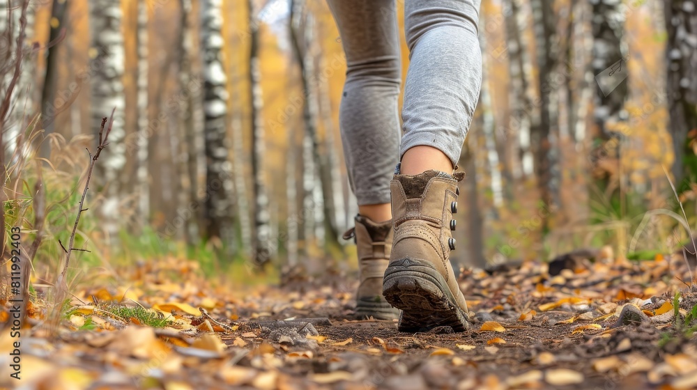 A woman is walking on a dirt path in the woods A woman is walking on a dirt path in the woods