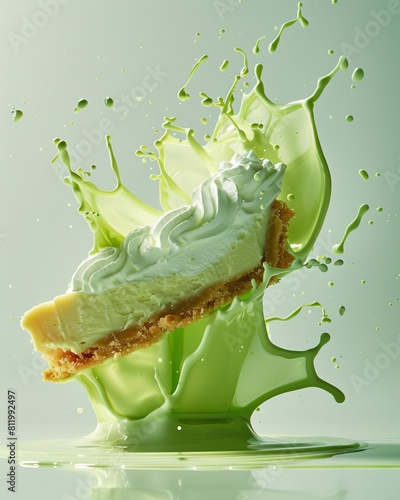 An epic stylized advertise photo of Key Lime Pie bursting energetically , set against a white background The scene Illuminated by dramatic side light, the scene features long shadows and textured move
