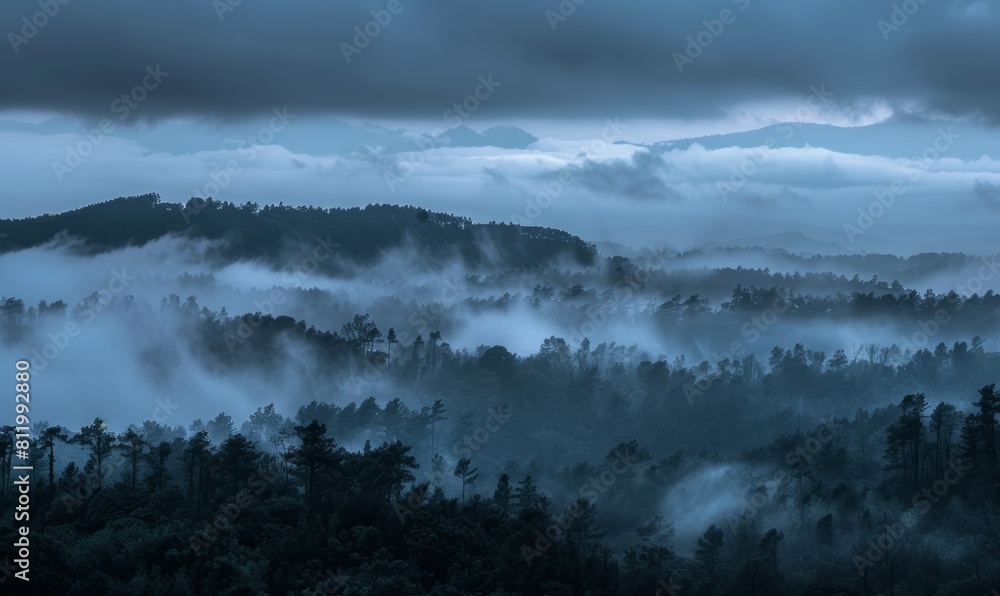 Mysterious Foggy Landscape at Dusk Generative AI