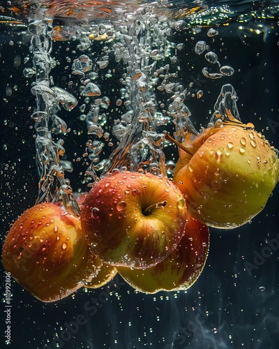 A bunch of ripe Sugar Apples, with water droplets, falling into a deep black water tank, creating a colorful contrast and intricate splash patterns Created Using underwater photography, contrast enhan photo