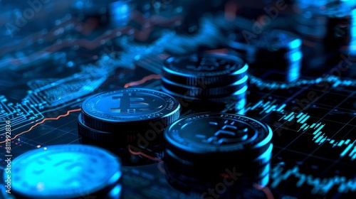 A close up of a stack of silver bitcoins on a circuit board with a glowing blue background.