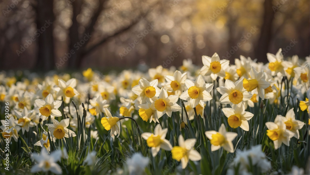 Springtime Splendor, Daffodil Banner Amidst White and Yellow Meadow, Bathed in Warm Light. Springtime Splendor, Daffodil Banner Amidst White and Yellow Meadow, Bathed in Warm Light.