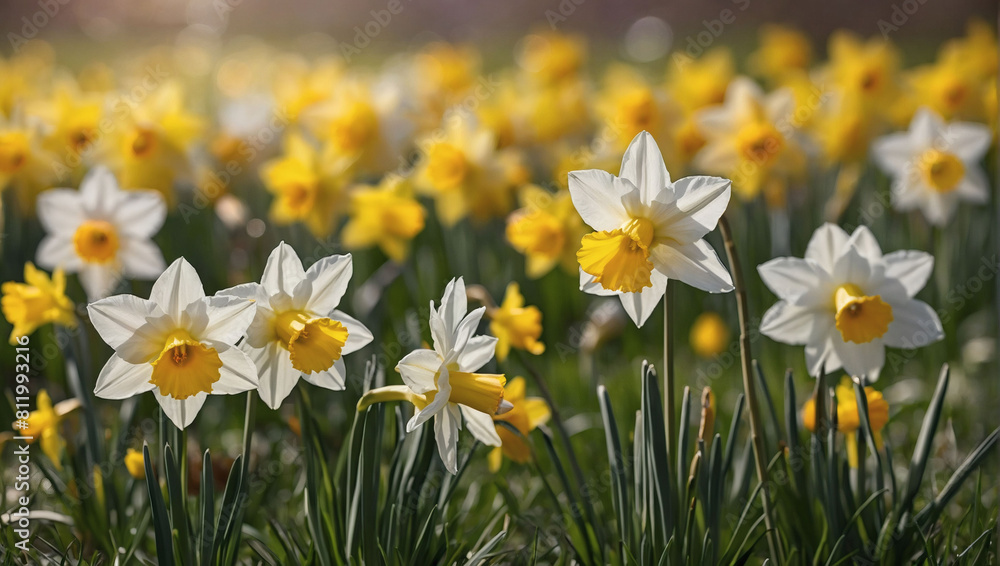 Springtime Splendor, Daffodil Banner Amidst White and Yellow Meadow, Bathed in Warm Light. Springtime Splendor, Daffodil Banner Amidst White and Yellow Meadow, Bathed in Warm Light.