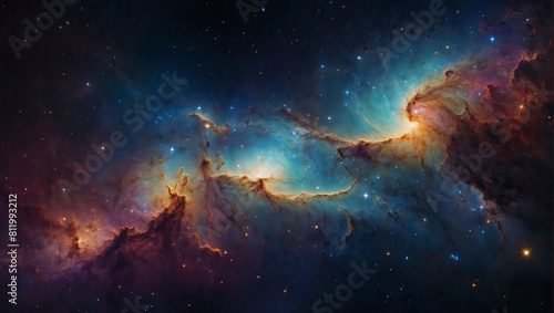 Starry cosmic vista, deep space universe with galaxies and nebulae stretching across the galaxy background.