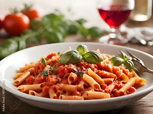 penna pasta with tomato sauce and basil photo