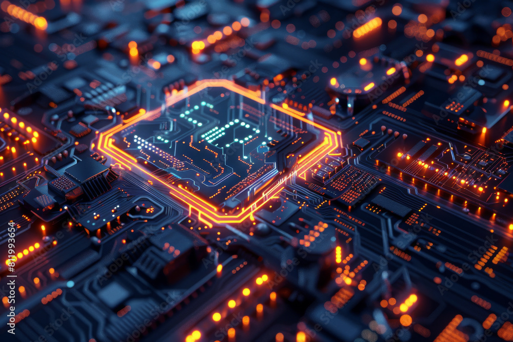 A computer circuit board with a cpu in the center A computer circuit board with a cpu in the center