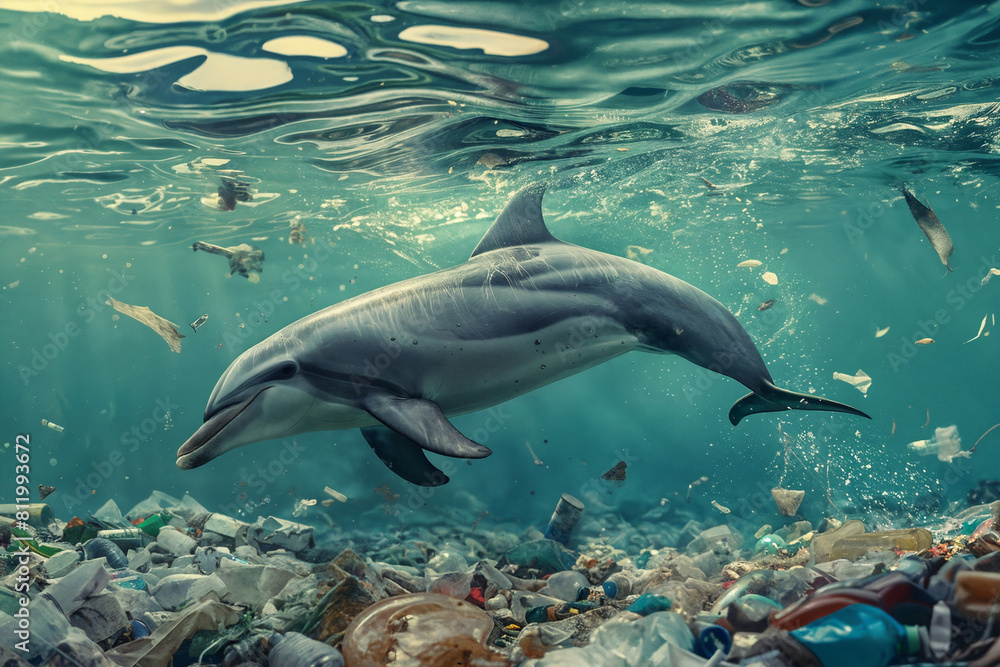 Obraz premium Dolphin swimming amidst floating trash and debris in polluted waters