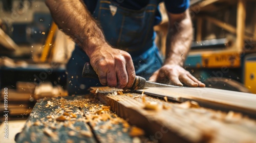 A carpenter working on a wooden table with a hammer and chisel, Generated by AI