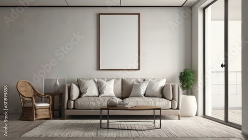 Contemporary Living Space with Empty Canvas Frame and Stylish Furniture Mock-Up Render Suitable for Buildings and Architecture Interior Design