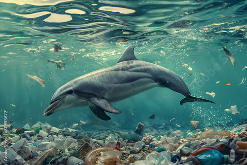 Dolphin swimming amidst floating trash and debris in polluted waters