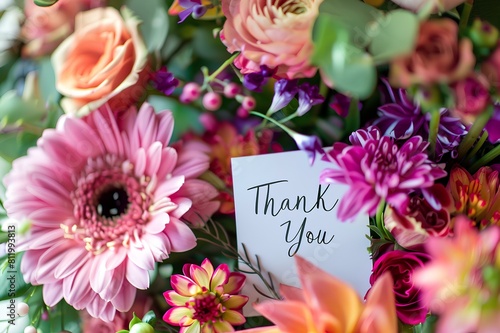 A close-up shot of a handwritten "Thank You" note surrounded by vibrant flowers.