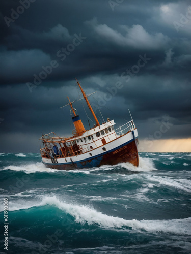 Storm-Tossed Vessel, Boat Struggling in the Tempestuous Sea.