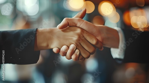 A close-up shot of two business partners shaking hands while simultaneously giving a thumbs up, signifying mutual respect, approval, and gratitude for each other's contributions. photo