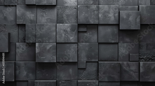This image captures an assortment of dark textured wall tiles, each uniquely distressed, arranged in a randomized, modern layout.