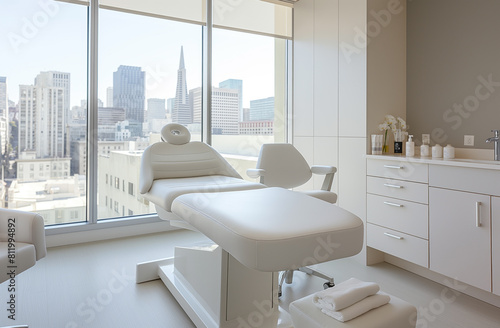 Modern beauty clinic interior with cityscape view, white treatment bed and matching furniture. Panoramic windows illuminate the clean, minimalist design emphasizing luxury and relaxation