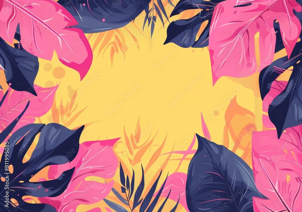 Vibrant Tropical Frame on Yellow Background for Summer Presentations Generative AI