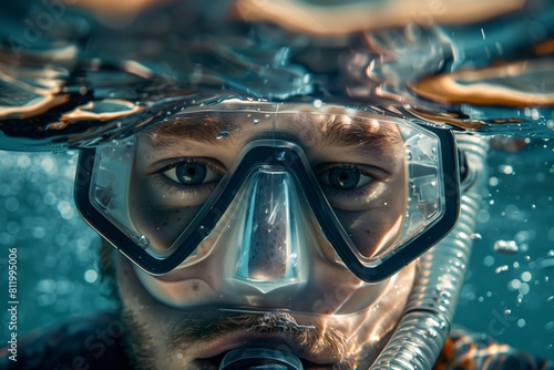 Close-up portrait of a man wearing a diving mask underwater