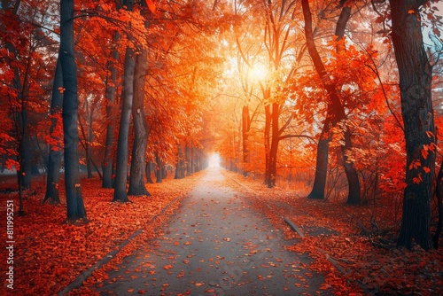 Autumn forest path. Orange color tree  red brown maple leaves in fall city park. Nature scene in sunset fog Wood in scenic scenery Bright light sun Sunrise of a sunny day - generative ai