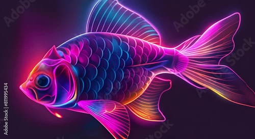 cute neon fish illustration in bright and bright colors isolated on dark photo