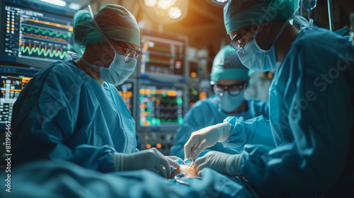 Advanced medicine serious concentrated medical team of surgeons and assistants holding medical clamps while sew up the patient during performing plastic operation at the modern clinic photo