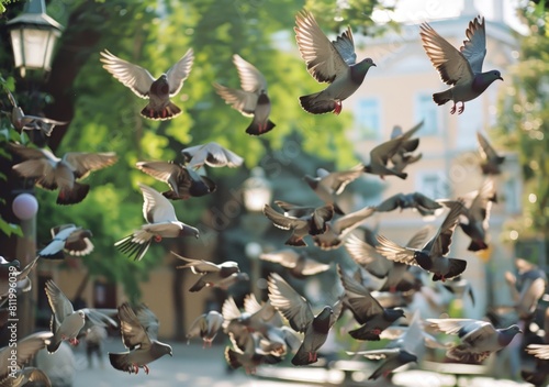 A flock of pigeons in a town square fly off startled by a noise
 photo