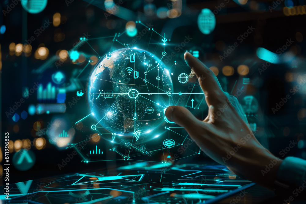 A hand is touching a screen with a globe on it A hand is touching a screen with a globe on it