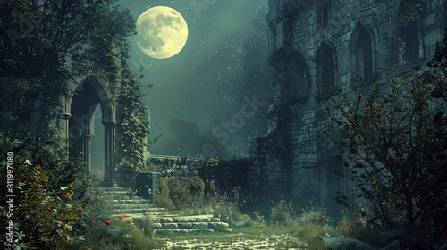 Enchanting Moonlit Castle Ruins with Otherworldly Garden Illumination