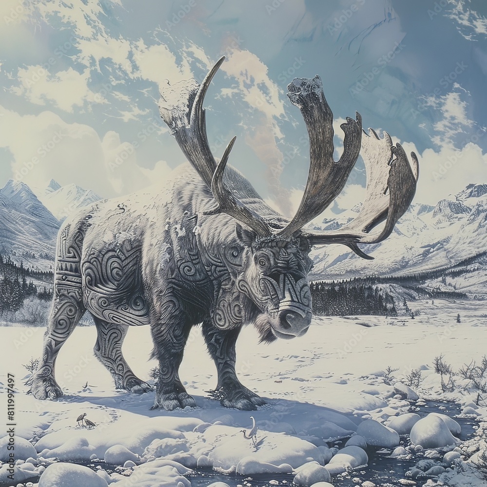Fototapeta premium Imaginary Arctic Safari of Fantastical Prehistoric Creatures Roaming Icy Landscapes