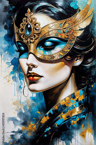 Abstract artwork of a woman with a mask with turquoise and golden brushwork - Generative AI 