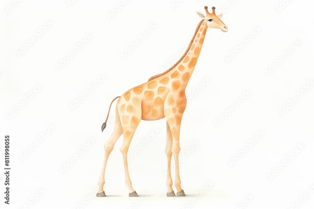 Fototapeta premium A Tall Giraffe Stands on The White Background. the Giraffe Has Tan Fur with Brown Spots.