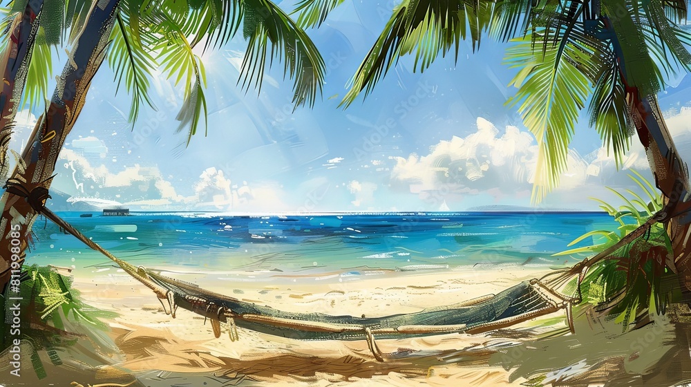Fototapeta premium Relaxing vacation in a tropical paradise sketched from a hammock s perspective