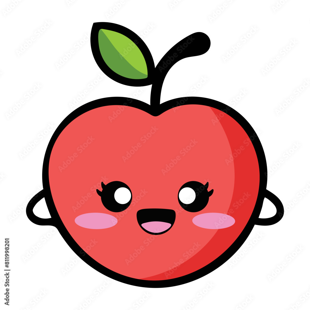 A cute, cartoon-style kawaii red apple with a happy facial expression and large eyes A cute, cartoon-style kawaii red apple with a happy facial expression and large eyes