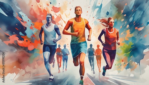 Running people. Marathon. Human activity. Design for sport. Sporting a watercolor style with paint splatters. Illustration for cover, card, postcard, interior design, decor or print.  photo