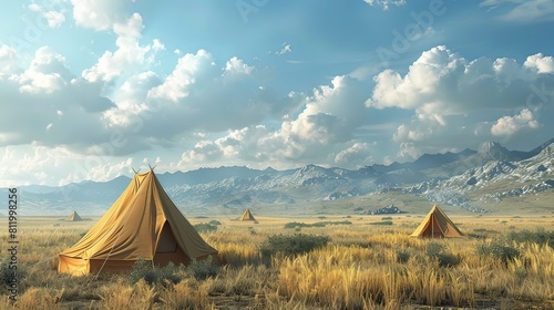 Serene Campsite Nestled in a Vast Open Landscape with Majestic Mountains and Endless Skies