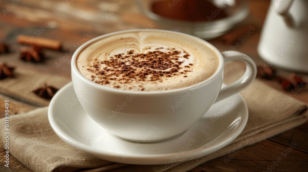 A steaming cup of cappuccino adorned with a delicate ground cinnamon design on its frothy milk A steaming cup of cappuccino adorned with a delicate ground cinnamon design on its frothy milk