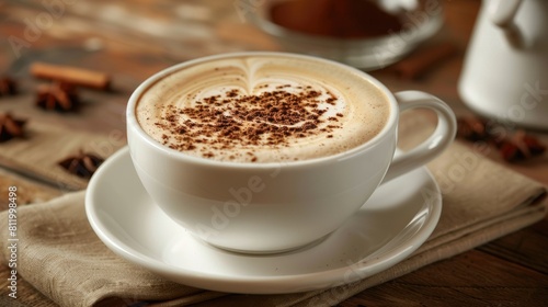 A steaming cup of cappuccino adorned with a delicate ground cinnamon design on its frothy milk