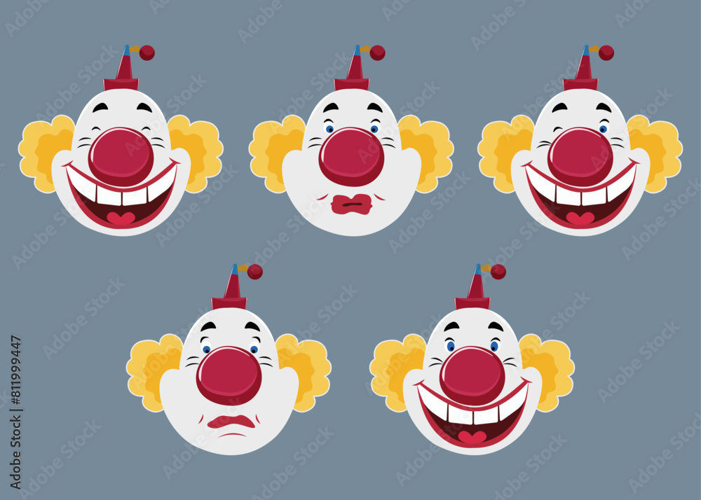 Clown magician illusionist character illusionist character vector set design. Birthday, circus, performance magician and clown character with different emotions. Vector illustration isolated Clown magician illusionist character illusionist character vector set design. Birthday, circus, performance magician and clown character with different emotions. Vector illustration isolated