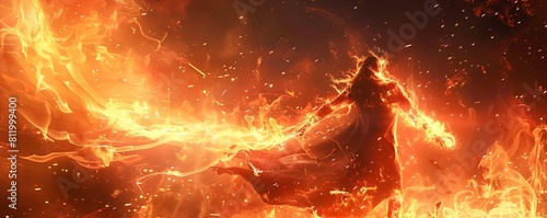 Enigmatic figure emerges from the crackling flames wielding powers fueled by the very fire that surrounds them