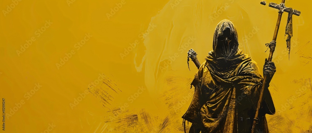 Acolyte silhouette image Wears a hooded robe and holds a long cross scepter. yellow background