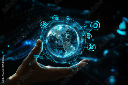 A hand is holding a glowing globe with icons around it
