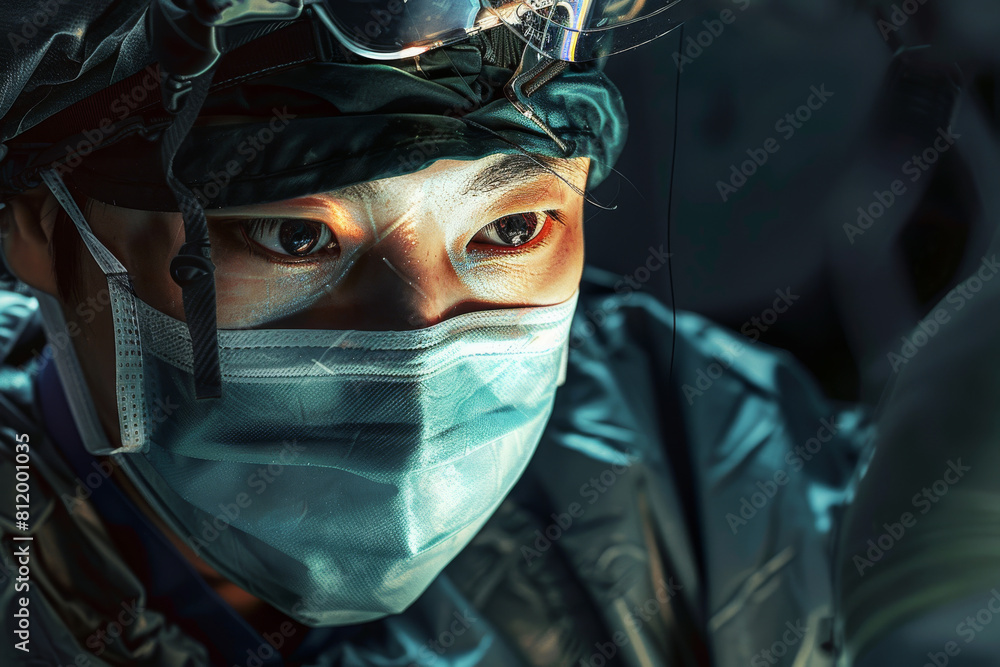 A close up of a surgeon wearing a mask and goggles A close up of a surgeon wearing a mask and goggles