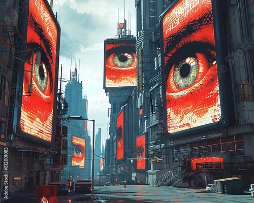 a digital photorealistic illustration from an eye-level perspective Imagine a dystopian cityscape with towering screens displaying Big Brothers