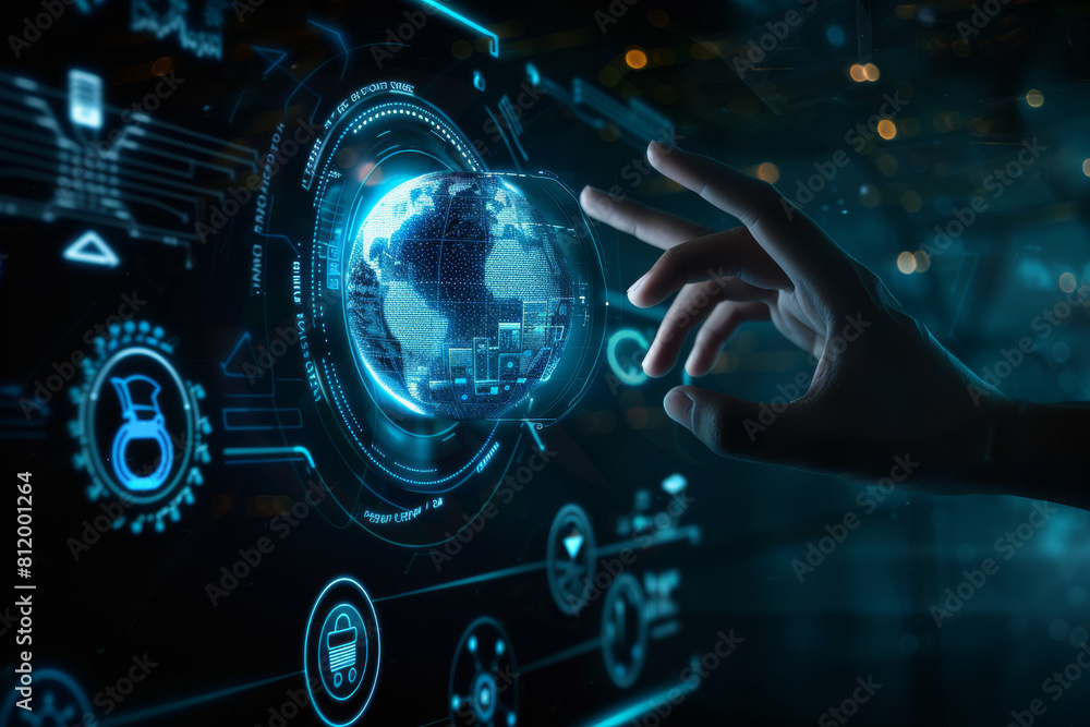 A hand is touching a futuristic screen with a globe on it A hand is touching a futuristic screen with a globe on it