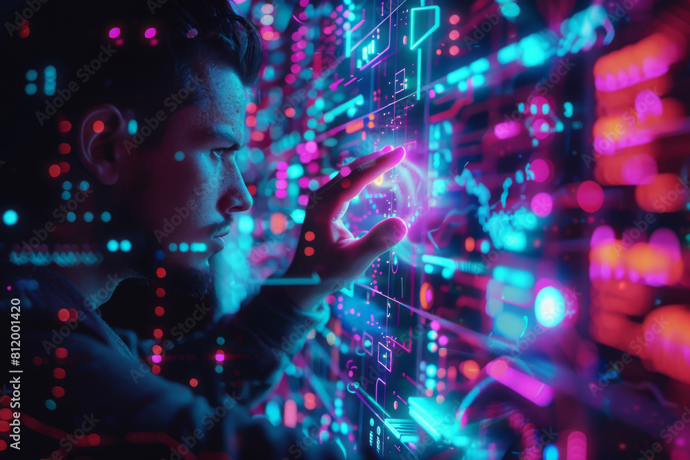 A man 's hand is reaching out towards a screen that says ' a ' on it A man 's hand is reaching out towards a screen that says ' a ' on it