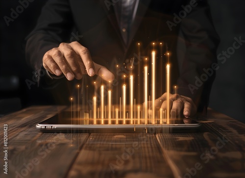 Businessman touching on digital tablet with glowing bar graph and chart icon over wooden table, Business growth concept