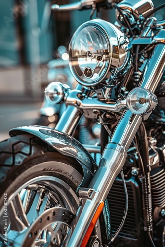 Close up of a motorcycle parked on a street  suitable for transportation concepts