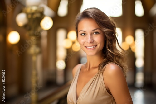 A Radiant Young Woman Smiling Confidently as She Poses for a Portrait in Front of the Grand Staircase of the Old City Hall  Bathed in the Warm Glow of the Afternoon Sun