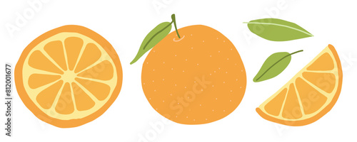 Cartoon vector illustration of whole and sliced oranges with leaves isolated on white background.