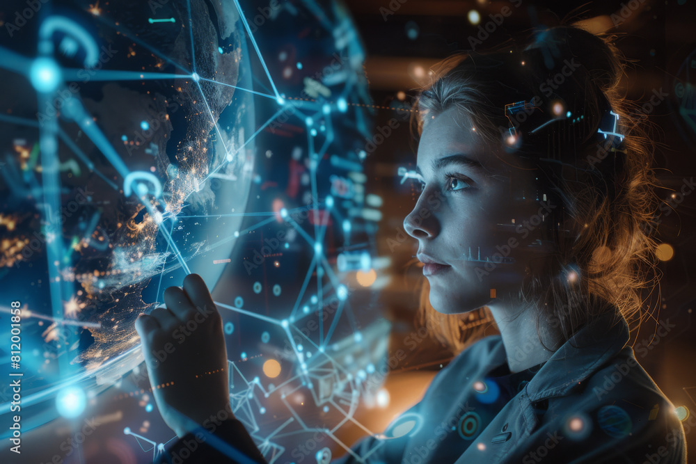 A woman is looking at a globe with a few numbers on it A woman is looking at a globe with a few numbers on it